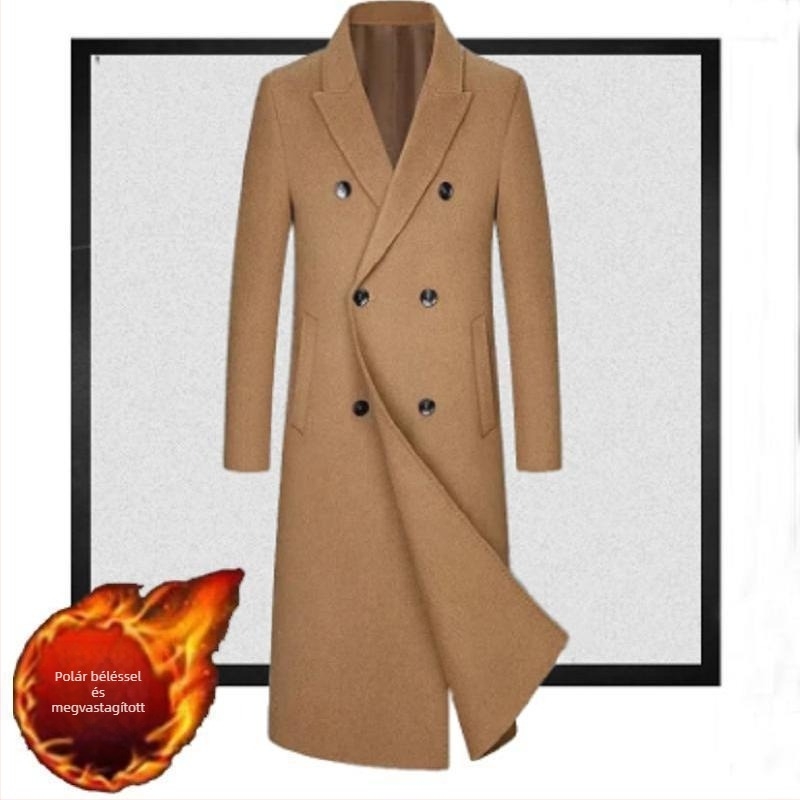Férfi hosszú gyapjú kabát, dupla gombos, gallér öltöny, kapucni nélkül, könnyű bélés, egyszínű