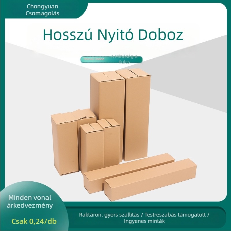 Téglalap alakú csomagoló doboz hullámkartonból, összecsukható, 2,5 mm vastagság, 250 g/m² papír, ütés- és nyomás elleni védelem.