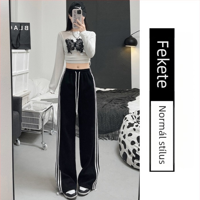 Női sportos nadrág, magas derekú, egyenes szabású, húzózsinóros, poliészter-spandex keverék, mikroelasztikus