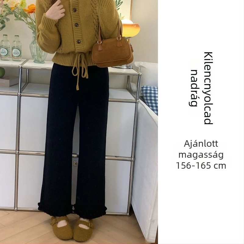 Fekete női casual nadrág fodros szélű, fleece bélés, őszi-téli, kis méretű, magas derekú, laza szabás