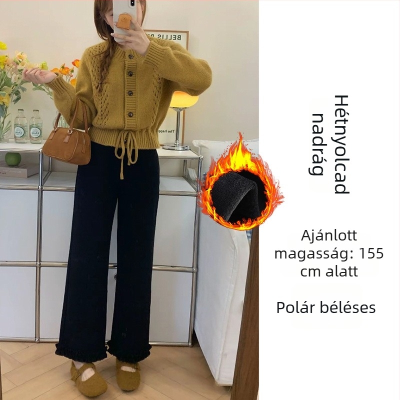 Fekete női casual nadrág fodros szélű, fleece bélés, őszi-téli, kis méretű, magas derekú, laza szabás