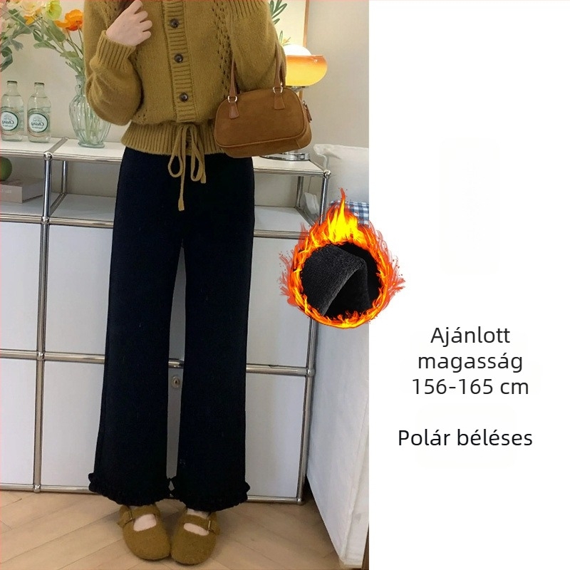 Fekete női casual nadrág fodros szélű, fleece bélés, őszi-téli, kis méretű, magas derekú, laza szabás