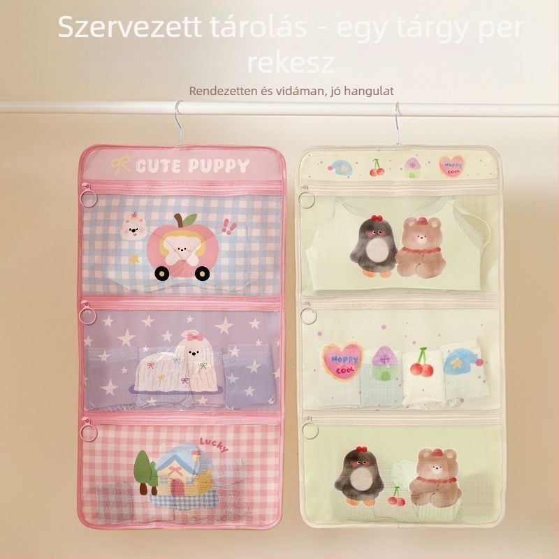 Hálós anyagú függő tároló táska, kocka alakú, fehérnemű és melltartó rendszerezésére, beltéri használatra