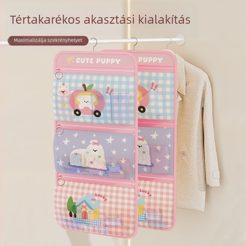 Hálós anyagú függő tároló táska, kocka alakú, fehérnemű és melltartó rendszerezésére, beltéri használatra