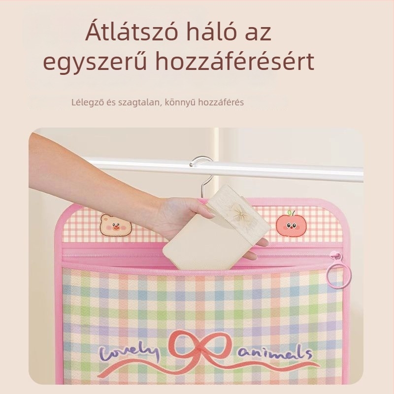 Hálós anyagú függő tároló táska, kocka alakú, fehérnemű és melltartó rendszerezésére, beltéri használatra