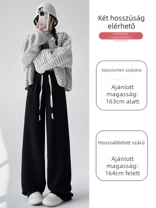 Női pamut fleece bélelt casual nadrág, magas derekú, laza szabás, téli viselet, 70–80% pamut