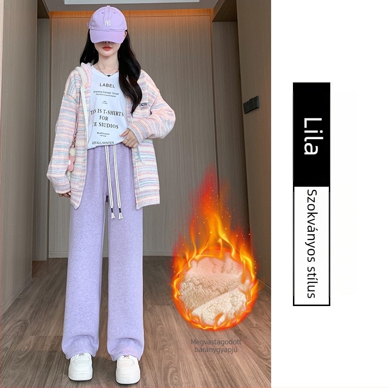 Női pamut fleece bélelt casual nadrág, magas derekú, laza szabás, téli viselet, 70–80% pamut