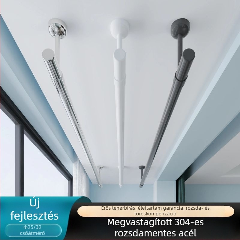 Szélálló 304 rozsdamentes acél balkon ruhaszárító rúd, felső rögzítésű, hullám mintázatú ruhatároló, egycsöves, otthoni használatra