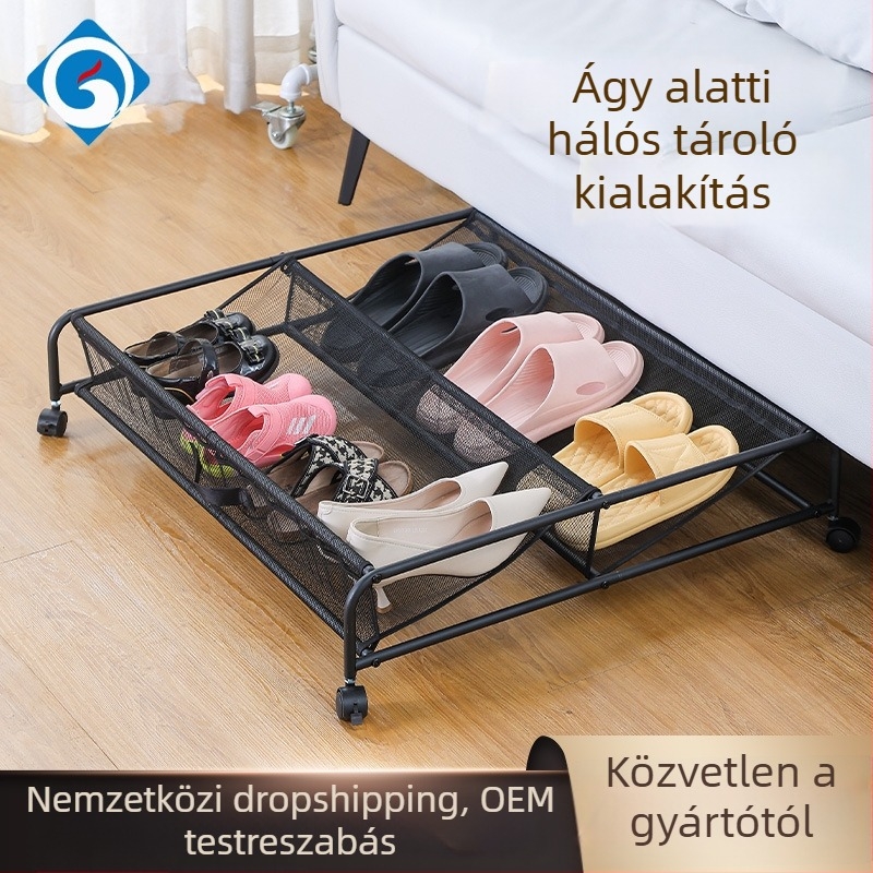 Ágy alatti cipőorganizer, fém hálóval és görgőkkel – mozgatható tároló doboz, 5–10 L