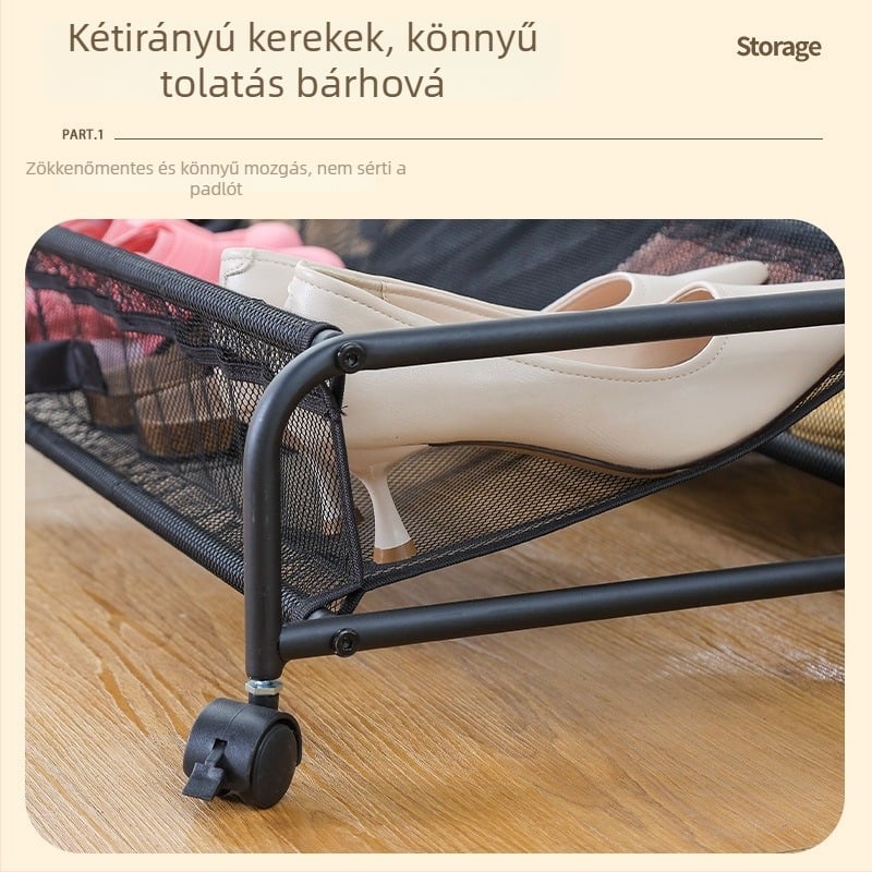Ágy alatti cipőorganizer, fém hálóval és görgőkkel – mozgatható tároló doboz, 5–10 L