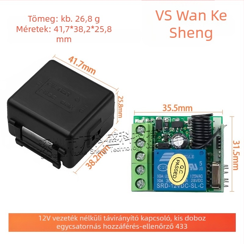 12V vezeték nélküli távvezérlő kapcsoló, egycsatornás, 433 MHz, motorokhoz és világításhoz, -30°C-tól +60°C-ig