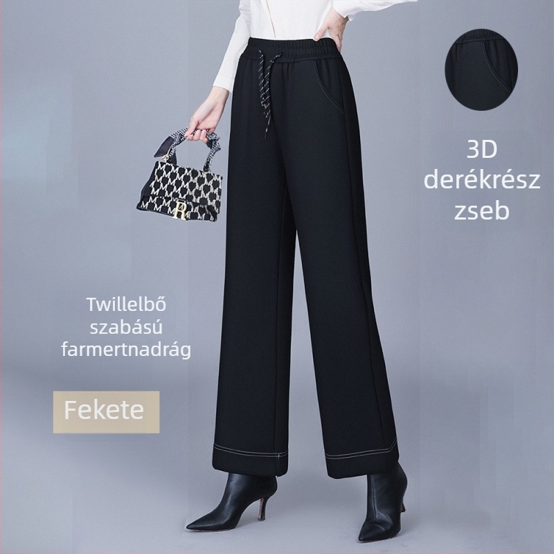 Női poliészter fleece-sel bélelt széles lábú nadrág, magas derékrész, elasztikus derék húzózsinórral, őszi 2025