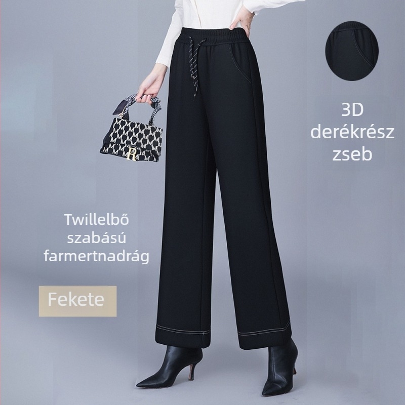 Női poliészter fleece-sel bélelt széles lábú nadrág, magas derékrész, elasztikus derék húzózsinórral, őszi 2025