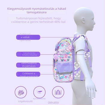Lányos iskolai hátizsák légáteresztő vállpántokkal és légpárnázással, poliészter, vízálló, kopásálló, gerinctámasz, általános iskola 1–3. osztálya számára