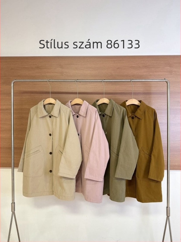 Női koreai stílusú lazán szabott középhosszú windbreakerkabát, Turn-Down gallér, pamutkeverék 70–80%, előre nyitott egy sor gombbal
