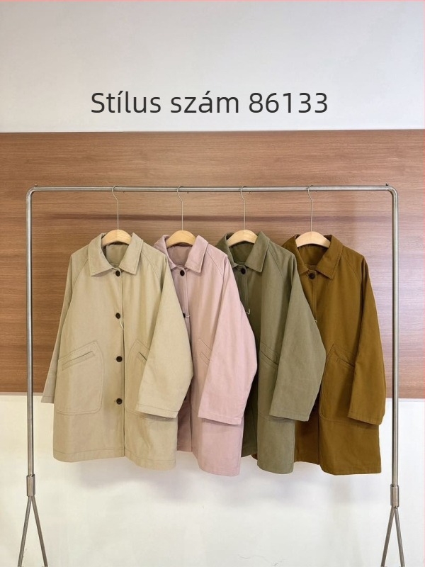 Női koreai stílusú lazán szabott középhosszú windbreakerkabát, Turn-Down gallér, pamutkeverék 70–80%, előre nyitott egy sor gombbal