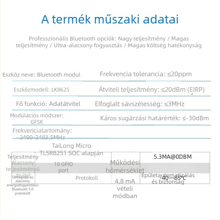 Lianke LK8625 Bluetooth 5.0 BLE modul okos otthonhoz, vezeték nélküli vevő 2.4 GHz, 20 dBm EIRP, termékkód 001