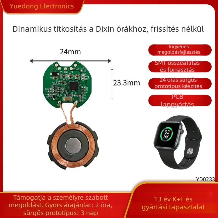 Okosóra vezeték nélküli töltés PCBA, Modell YD0233, Mágneses Rögzítési Megoldás, 9 A / 2 V Bemenet, Kapacitás 1000