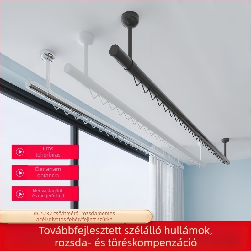 Szélálló 304-es rozsdamentes acél erkélyi ruhaszárító rúd, felső rögzítés, hullámos kialakítás, egykaros, otthoni használatra