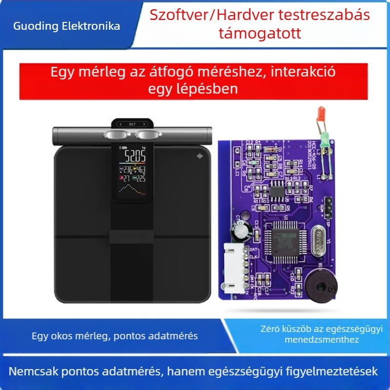 Személyre szabható PCB intelligens testsúly- és testzsírszámlálóhoz ember-gép interakcióval – tervezési megoldás fejlesztése; szállítás 10–30 nap; alkalmazható termékek: intelligens testtömeg- és testzsír mérleg; alkalmazási terület: okos otthon; hiba arán