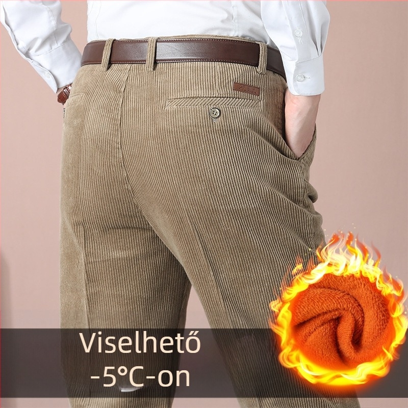 Férfi téli pamut kordbársony casual nadrág – egyenes szabás, magas derekú, gyapjú béléssel, vastag