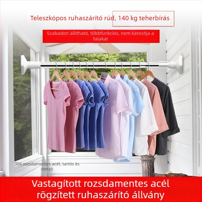 Rozsdamentes acélból készült teleszkópos rúd függönyökhöz, ruhaszárításhoz és zuhanyfüggönyhöz – fúrás nélküli telepítés