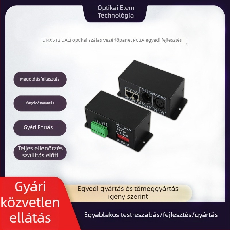 Optikai szálas világítású PCBA scheme lap fejlesztés, DMX512 DALI2 dekódoló modul, prototípus, fő- és mellék szinkronizációs vezérlő