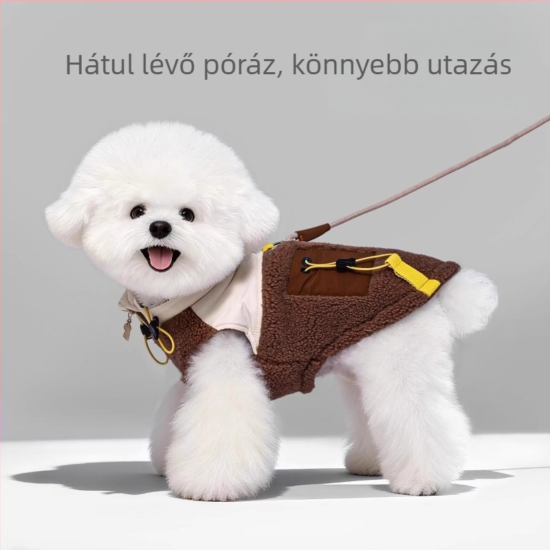 Flízes téli kutyakabát, kis- és közepes méretekhez (Teddy, Bichon, Shiba Inu), pamut anyagú kabát pórához csatlakozó résszel