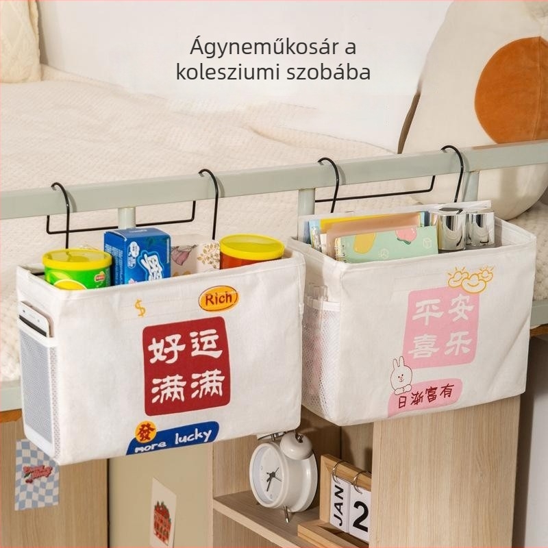 Tárolótáska, éjjeliszekrényhez akasztva, kocka alakú, szövet, falra szerelve, függesztés típus