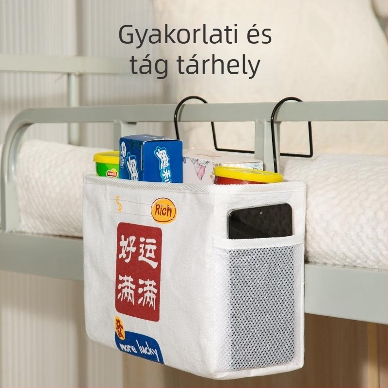 Tárolótáska, éjjeliszekrényhez akasztva, kocka alakú, szövet, falra szerelve, függesztés típus