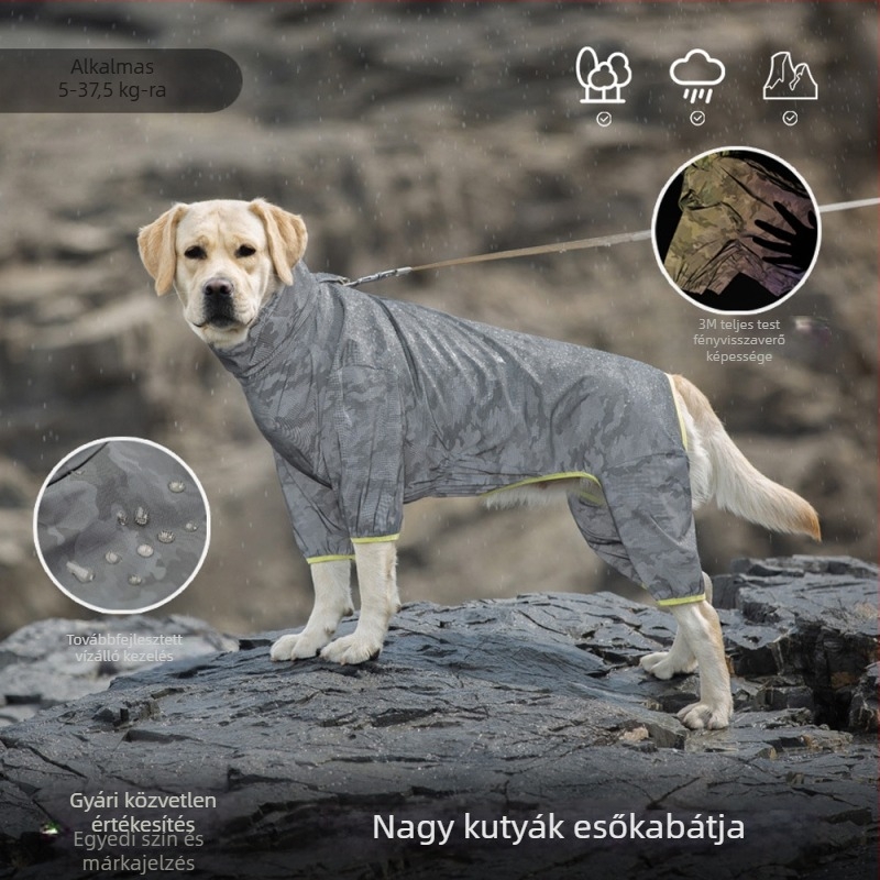 Vízálló, fényvisszaverő kültéri esőkabát közepes és nagy testű kutyáknak (Golden retriever és Labrador)