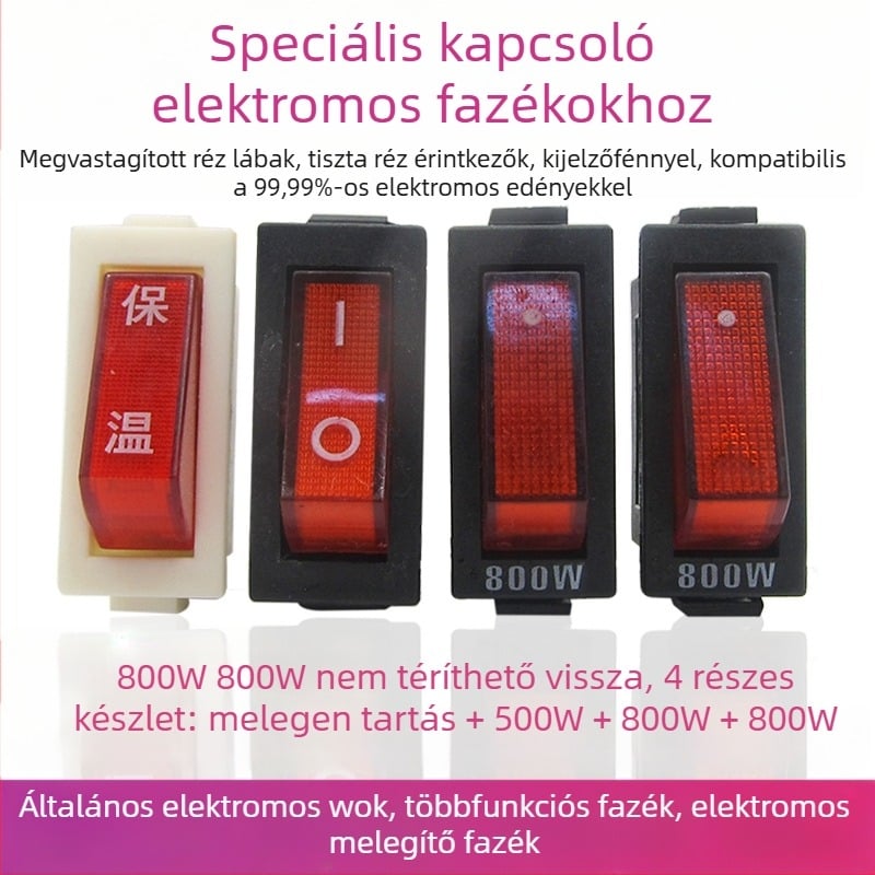 Elektromos főzőedény kapcsoló LED-es hajó alakú gombbal, 500W/800W/2100W, IP50
