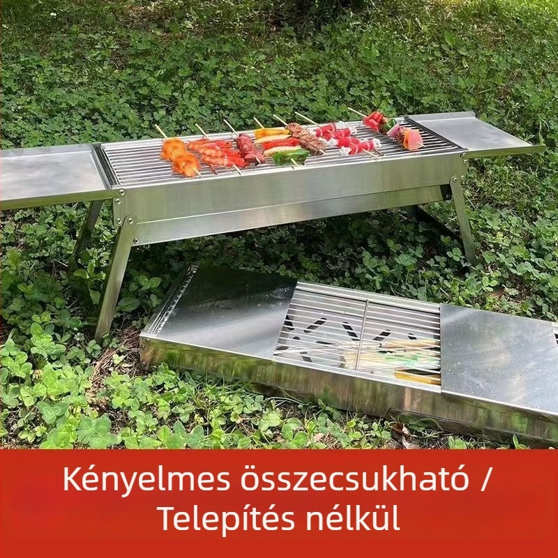 Oloron rozsdamentes acélból készült összecsukható, hordozható grillsütő — négyszögletes alakú, otthoni és kültéri használatra