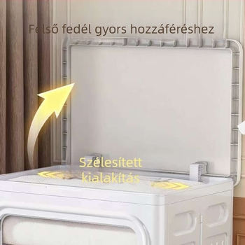 Oldalsó nyílású, hajtogatható tároló doboz kerekekkel, PP, 100–150 L, hálószobai ruhákhoz, paplanokhoz és játékokhoz