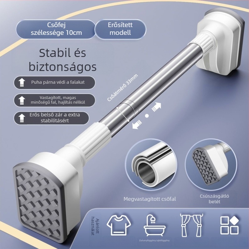 Rozsdamentes acélból készült teleszkópos ruhaszárító rúd fúrás nélkül, hosszú és vastag, fehér, függönyrúd, zuhanyfüggöny rúd és erkélyre