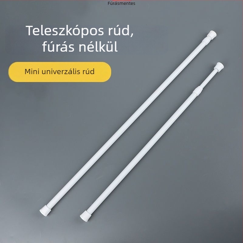 Teleszkópos fém függönyrú, lyukmentes és telepítés nélküli, többfunkciós mini tároló rúd a garderobához és a fürdőszobába