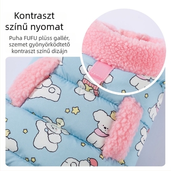 Kis méretű kutyák téli mellény fleece béléssel, kontrastos dizájn, magas gallér, rajzfilmszerű mintázat, pórázható