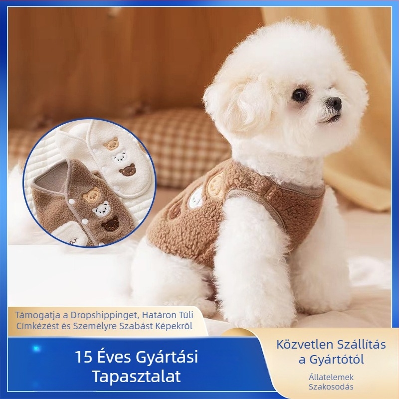 Kutyamellény rajzfilmszerű stílussal és medve hímzéssel, báránygyapjú plüss, ősz-tél, termékkód 039