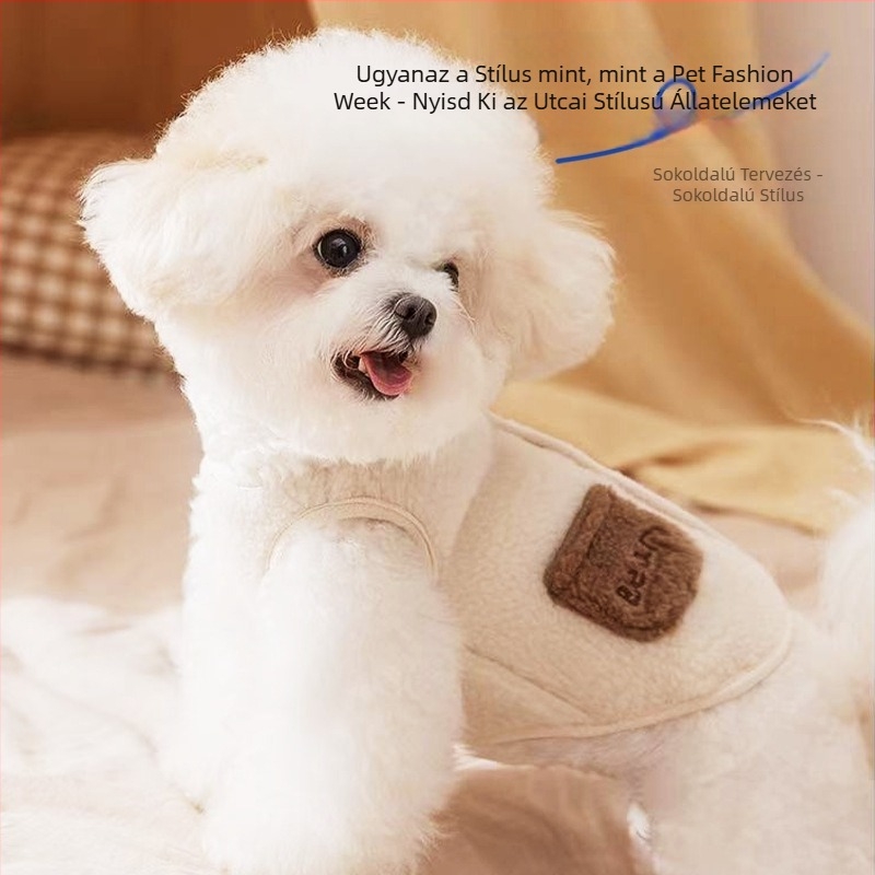 Kutyamellény rajzfilmszerű stílussal és medve hímzéssel, báránygyapjú plüss, ősz-tél, termékkód 039