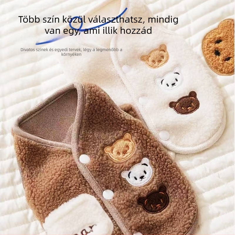 Kutyamellény rajzfilmszerű stílussal és medve hímzéssel, báránygyapjú plüss, ősz-tél, termékkód 039