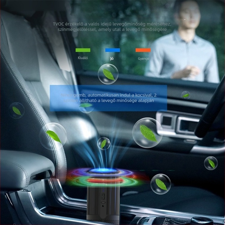 USB autós légtisztító szageltávolítással, negatív ion technológiával, érintéses vezérléssel, HEPA- és aktív szén szűrővel, halk 36–45 dB