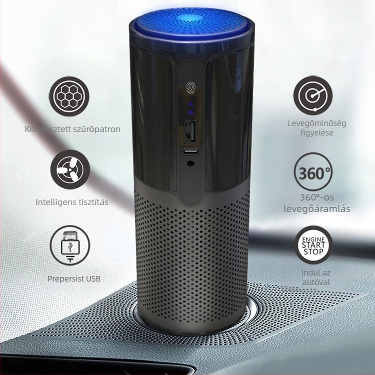 USB autós légtisztító szageltávolítással, negatív ion technológiával, érintéses vezérléssel, HEPA- és aktív szén szűrővel, halk 36–45 dB