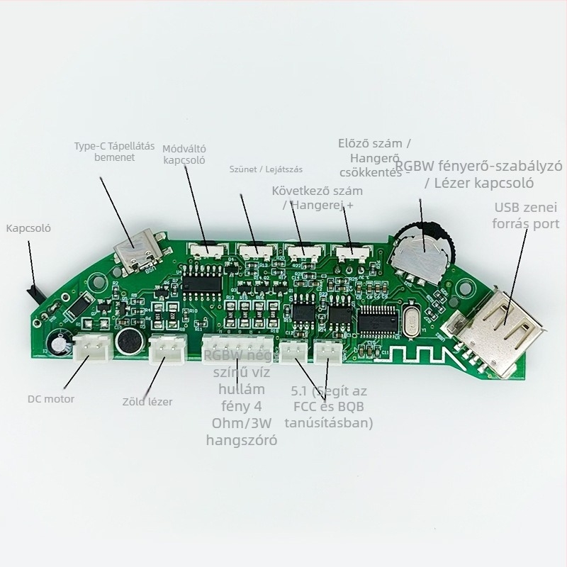 BTK10 Bluetooth PCBA modul csillagos ég fényhez, Bluetooth 5.1, lézerhajtó 532 nm (<350 mA), motorvezérlés 5 V (<20 mA), hangszóró 4 Ω 3 W
