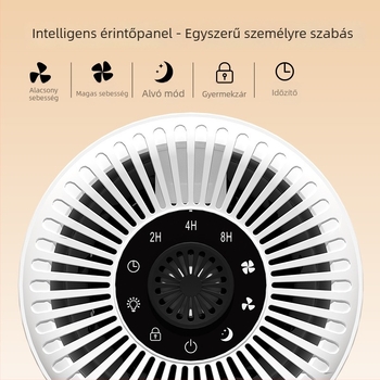 Asztali légtisztító negatív ionokkal, 51–150 m³/h légáram, 32,8 dB zaj, USB tápegység, kompozit szűrő