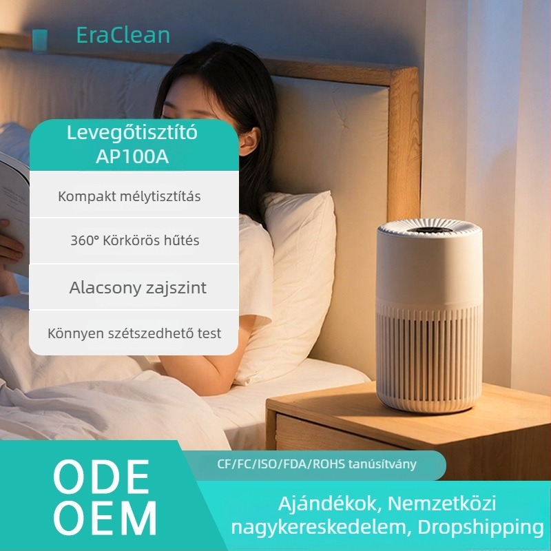 Asztali légtisztító negatív ionokkal, 51–150 m³/h légáram, 32,8 dB zaj, USB tápegység, kompozit szűrő