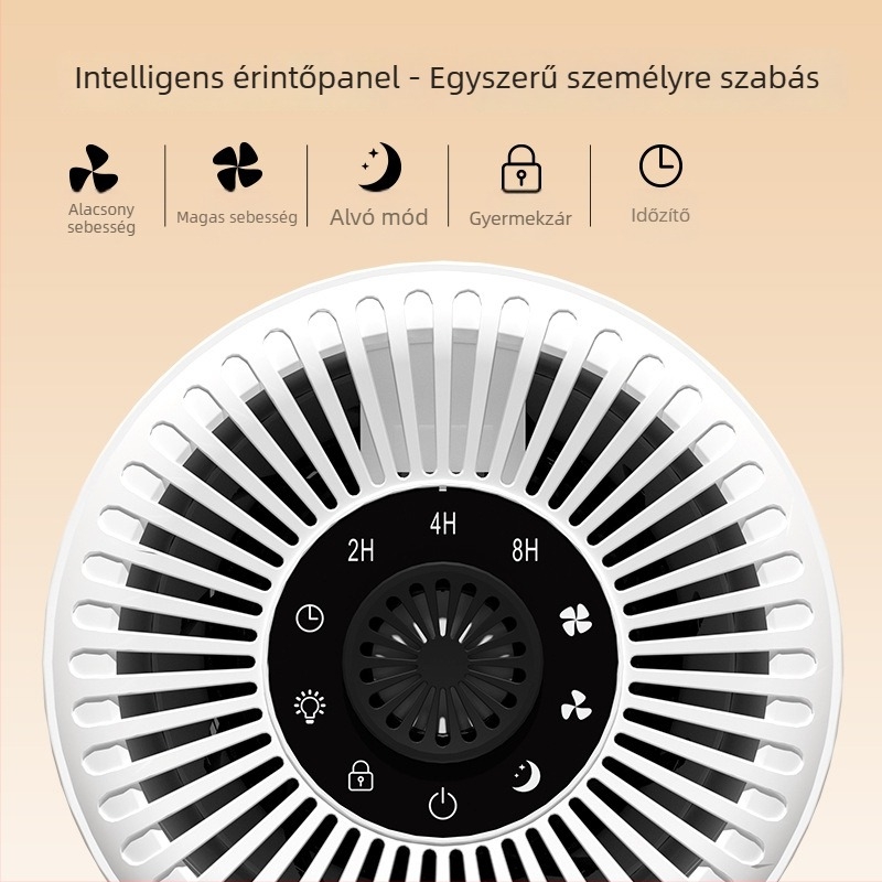 Asztali légtisztító negatív ionokkal, 51–150 m³/h légáram, 32,8 dB zaj, USB tápegység, kompozit szűrő