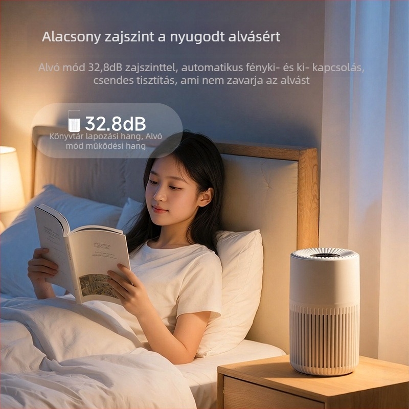 Asztali légtisztító negatív ionokkal, 51–150 m³/h légáram, 32,8 dB zaj, USB tápegység, kompozit szűrő