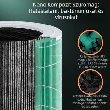 Beltéri levegőtisztító otthoni használatra, 50 m³/h, zaj < 36 dB, USB tápegység, érintéses vezérlés, alkalmas 10 m²-ig