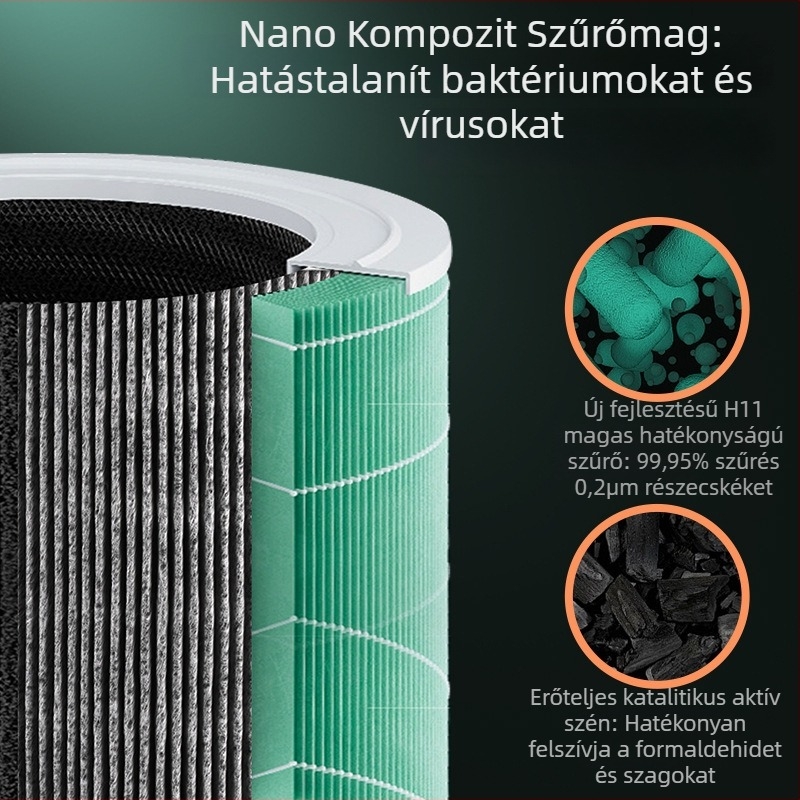 Beltéri levegőtisztító otthoni használatra, 50 m³/h, zaj < 36 dB, USB tápegység, érintéses vezérlés, alkalmas 10 m²-ig