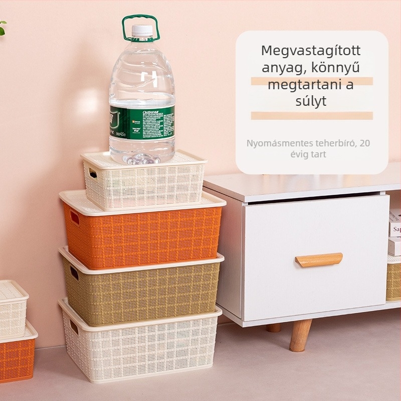 Műanyag rattan hatású tárolókosár fedővel – asztali rendező játékokhoz, nassolnivalókhoz és egyéb holmikhoz, PP anyag, kapacitás 10–20 L
